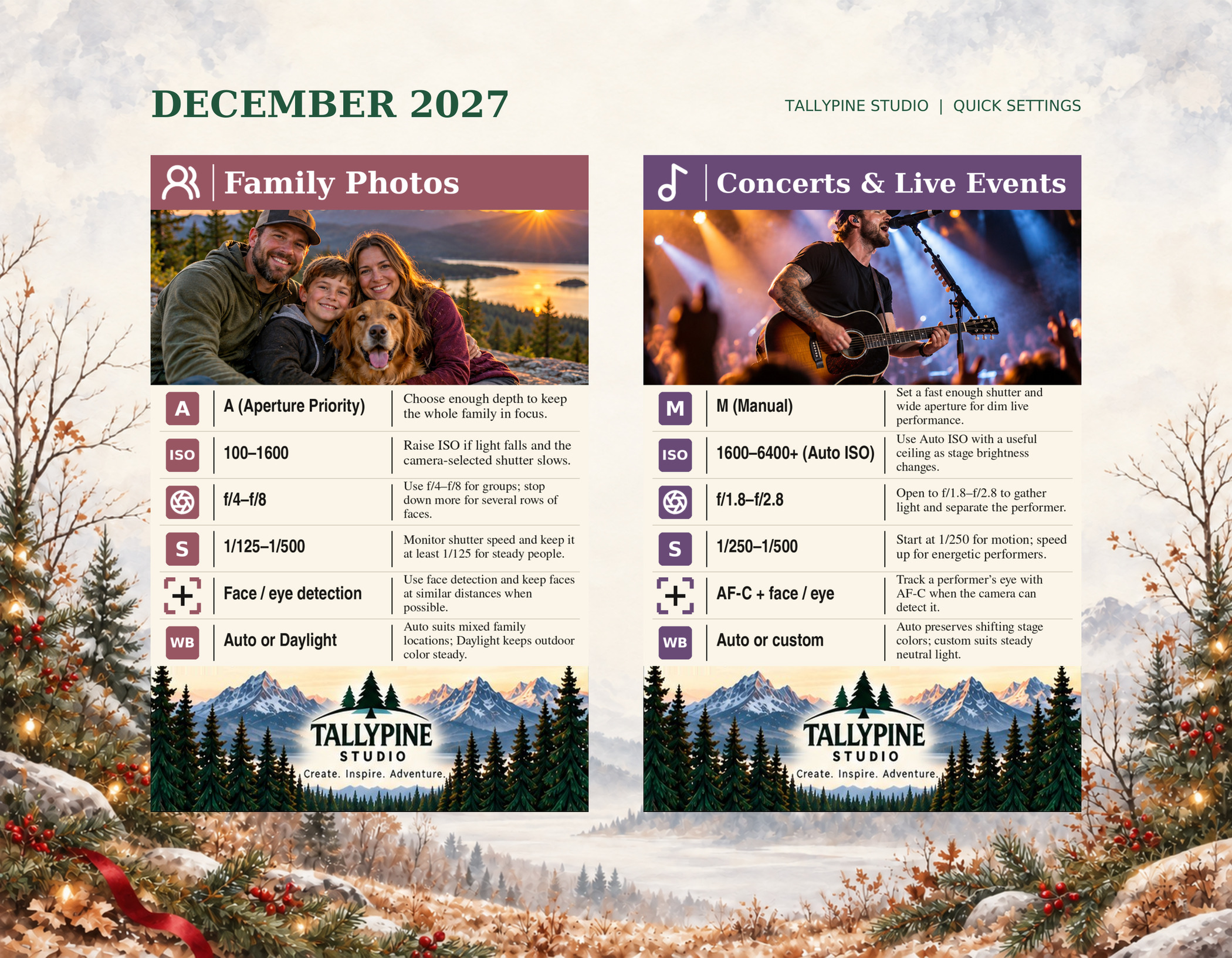December calendar image page with Family Photos and Concerts and Live Events quick-settings cards