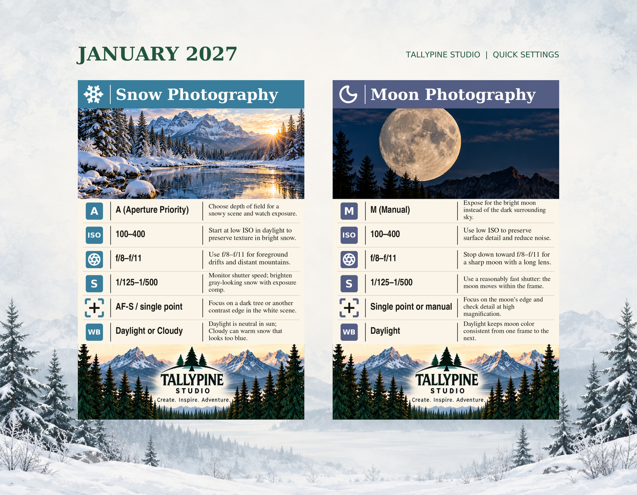 January calendar image page with Snow Photography and Moon Photography quick-settings cards