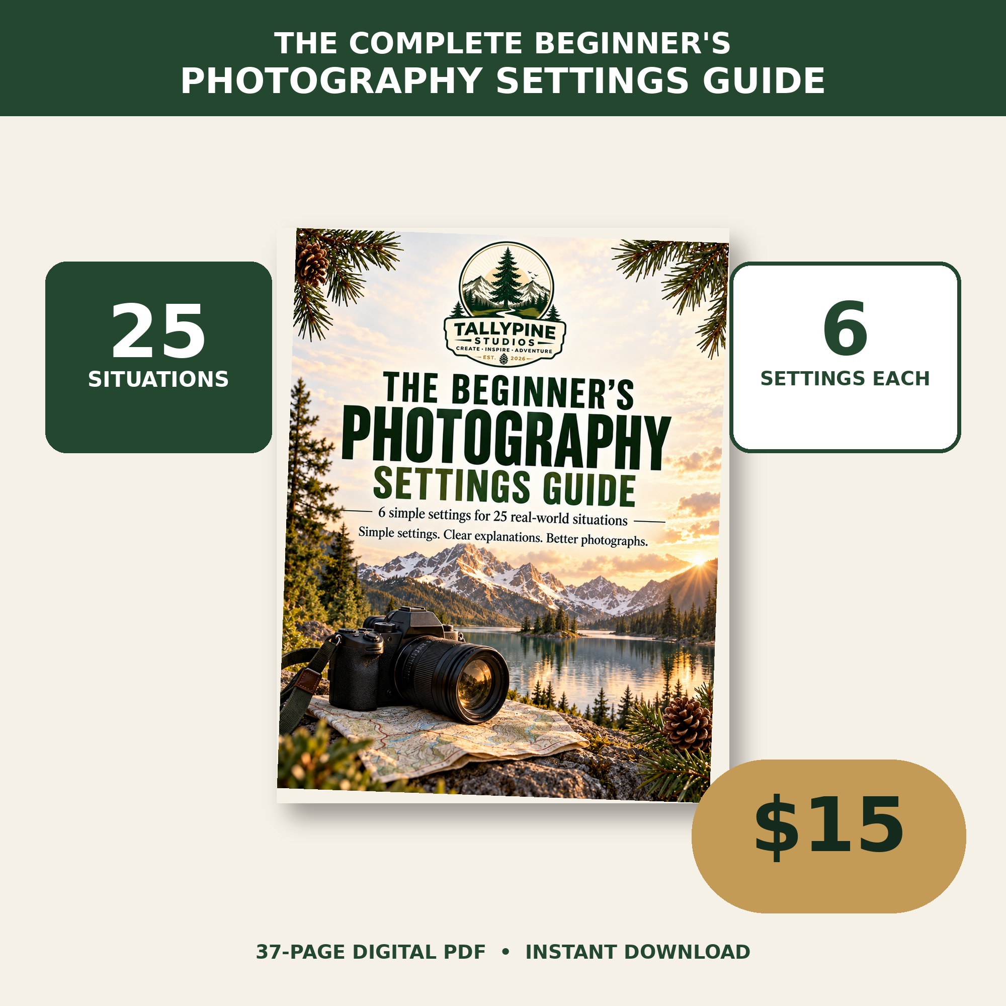 The Beginner's Photography Settings Guide, featuring 25 situations and 6 settings for each