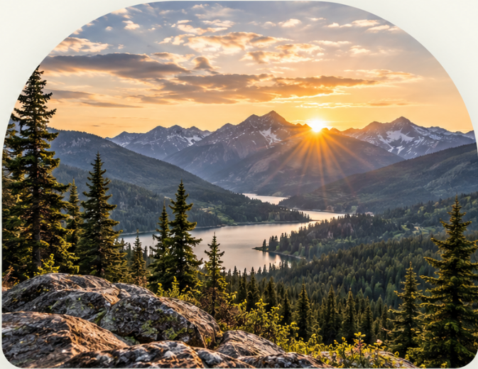 Sunrise over a mountain lake surrounded by evergreen forest