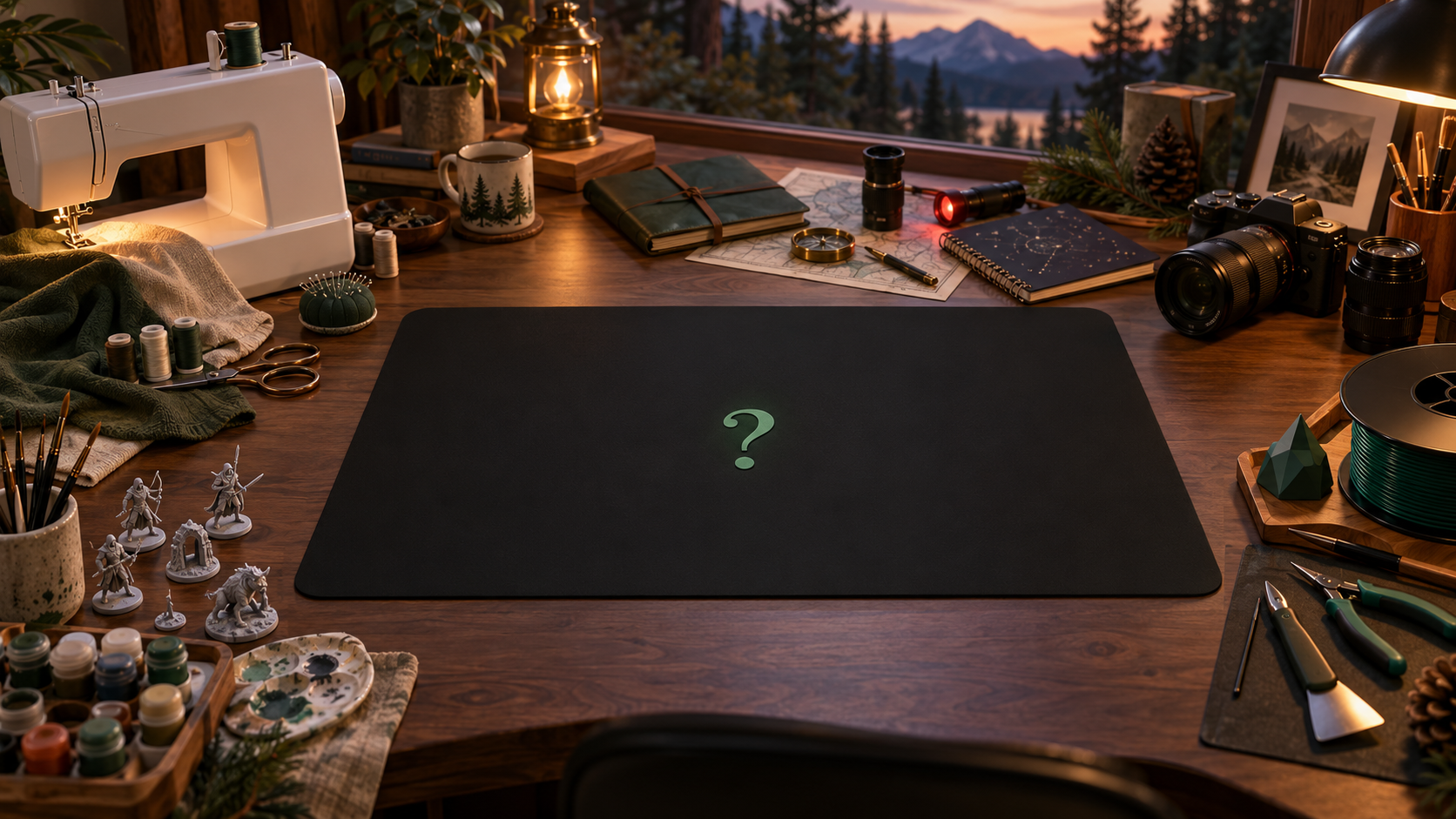 A mysterious black desk mat with an evergreen question mark, surrounded by tools for sewing, photography, miniature painting, astronomy, and 3D printing