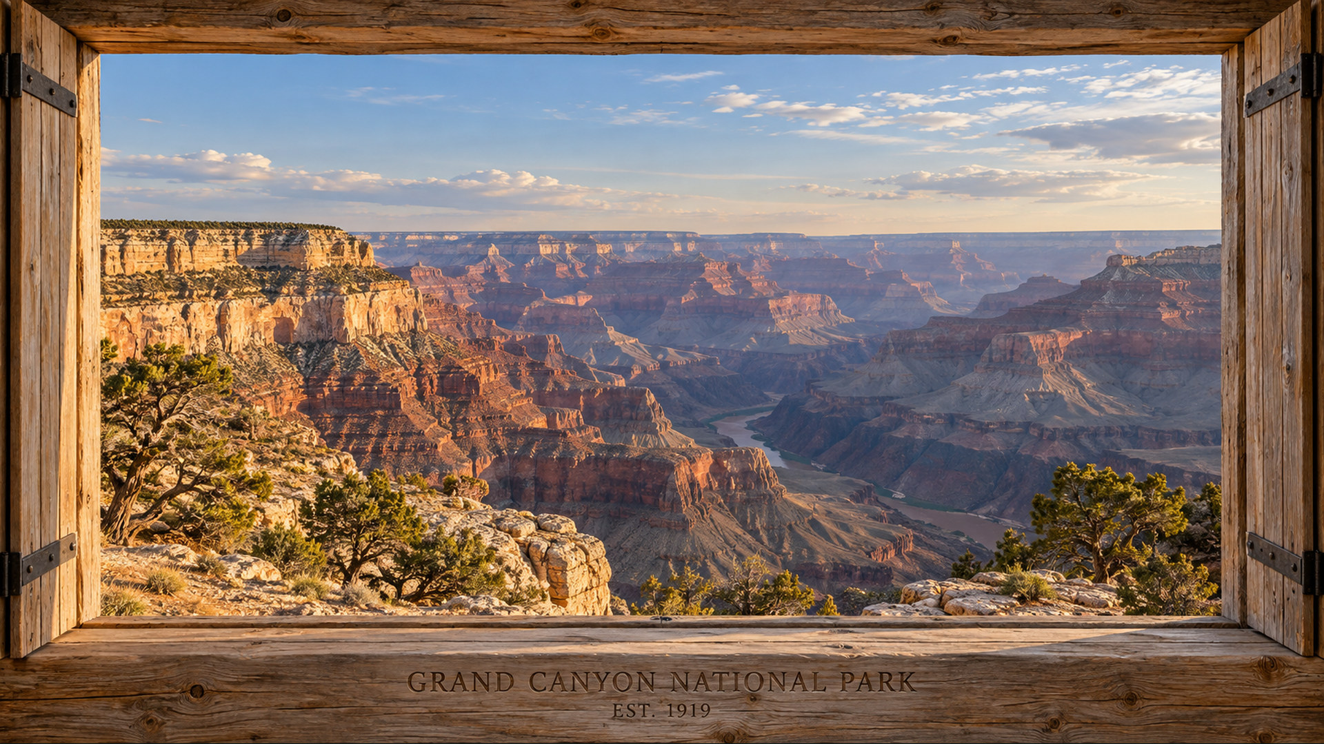 Grand Canyon inspired landscape within a wooden window frame, actual wallpaper collection preview