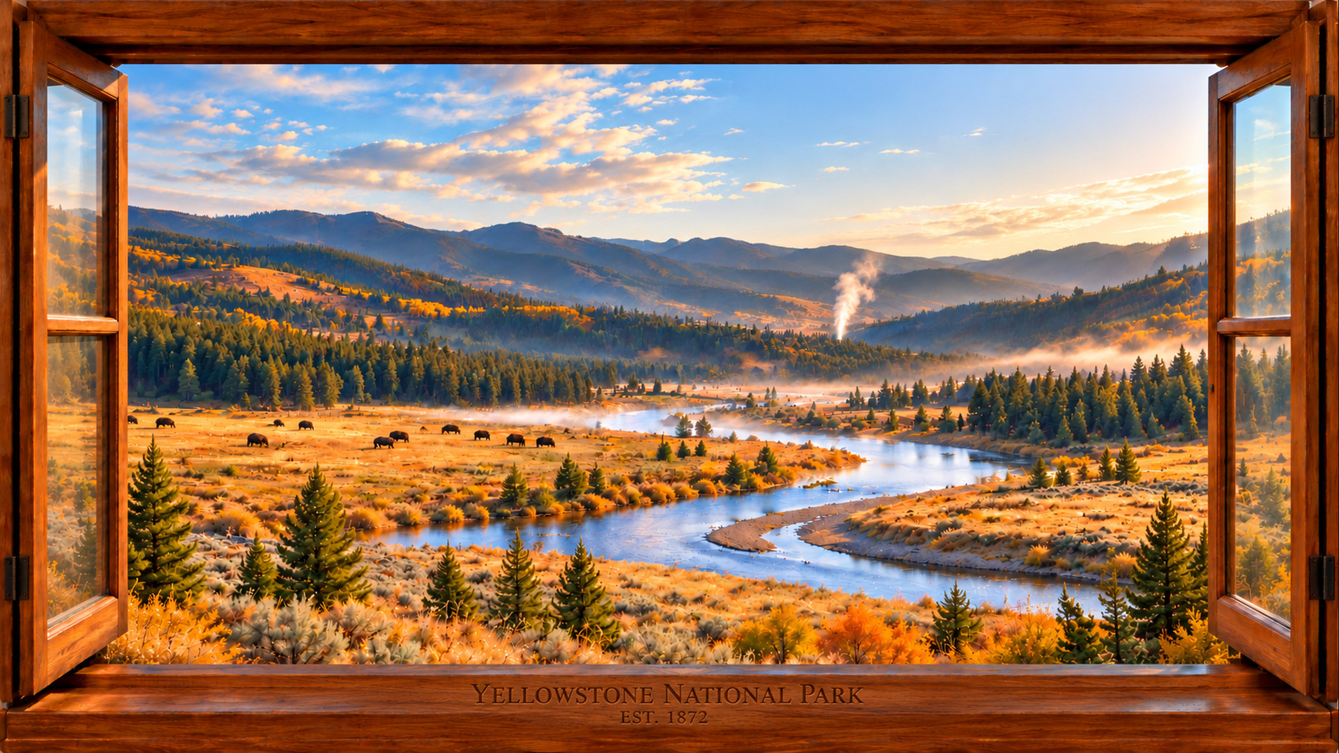 Yellowstone inspired landscape within a wooden window frame, actual wallpaper collection preview