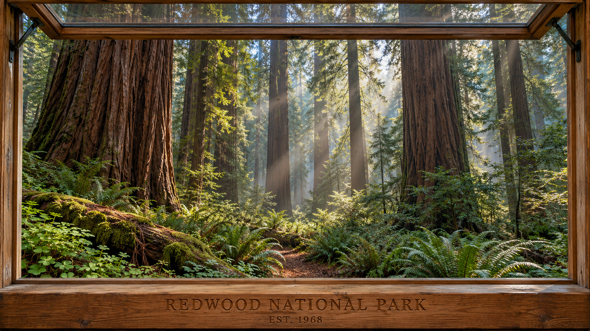 Redwood inspired landscape within a wooden window frame, actual wallpaper collection preview