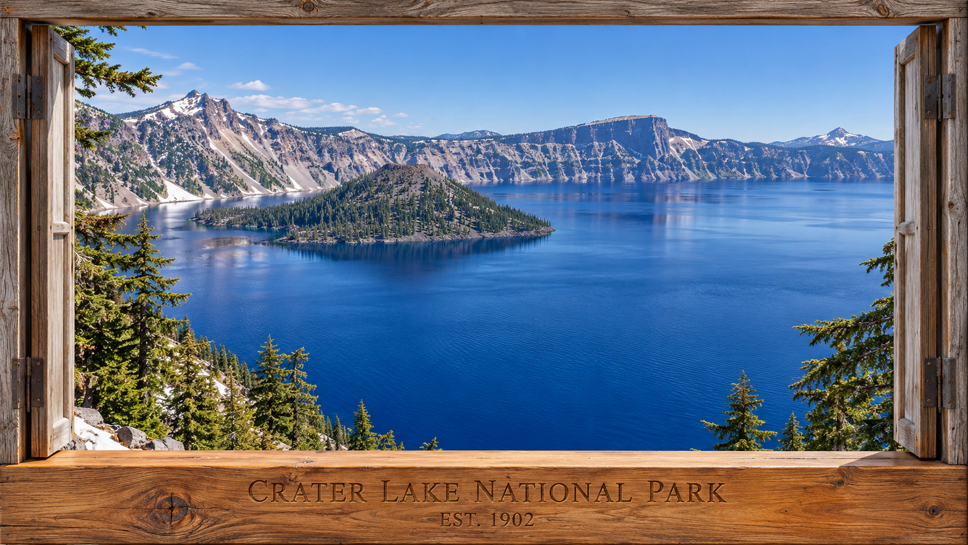 Crater Lake inspired landscape within a wooden window frame, actual wallpaper collection preview