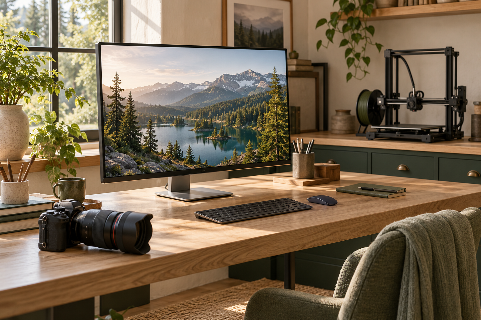 Illustrative creative workspace with a landscape on a desktop monitor, a 3D printer, and a camera with attached lens
