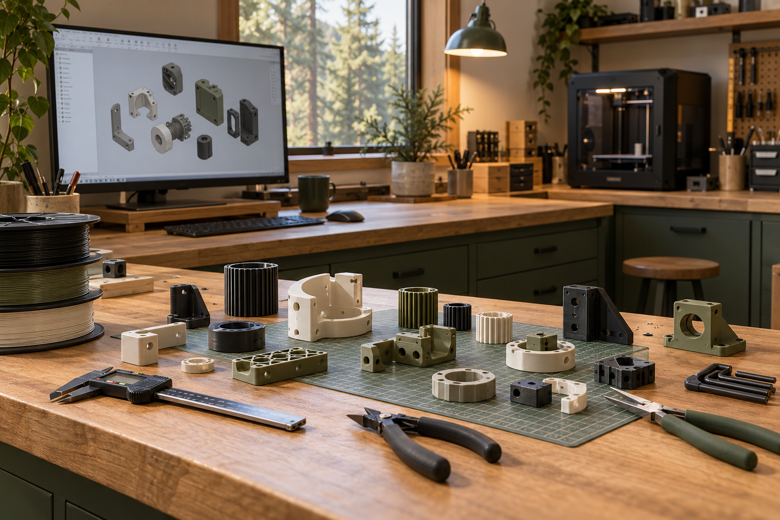 Illustrative maker workbench with a 3D printer, CAD monitor, assorted prototype components, filament and hand tools.
