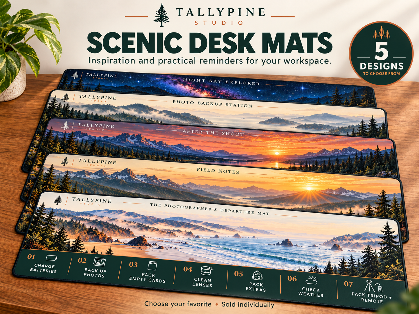 Five scenic TallyPine desk mat designs: Night Sky Explorer, Photo Backup Station, After the Shoot, Field Notes and The Photographer’s Departure Mat.