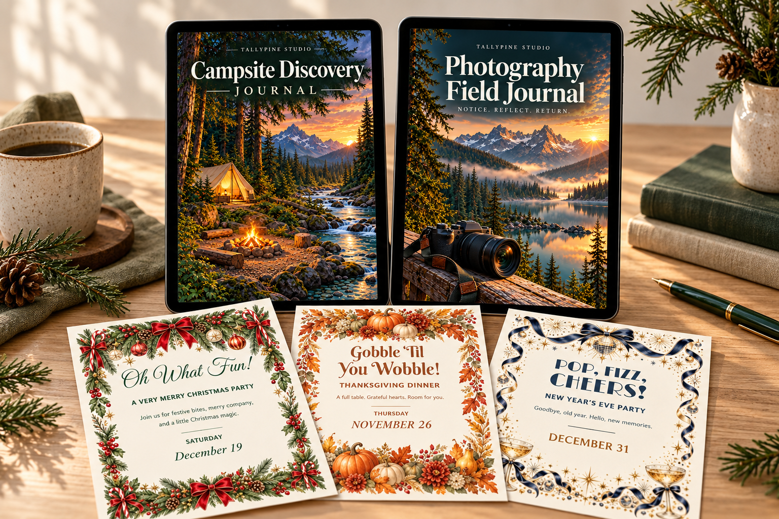TallyPine journals and holiday invitation designs.