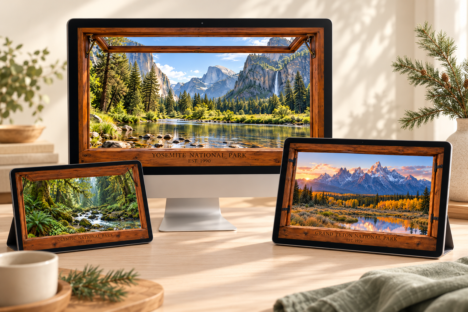 National Parks Collection artwork displayed on screens.