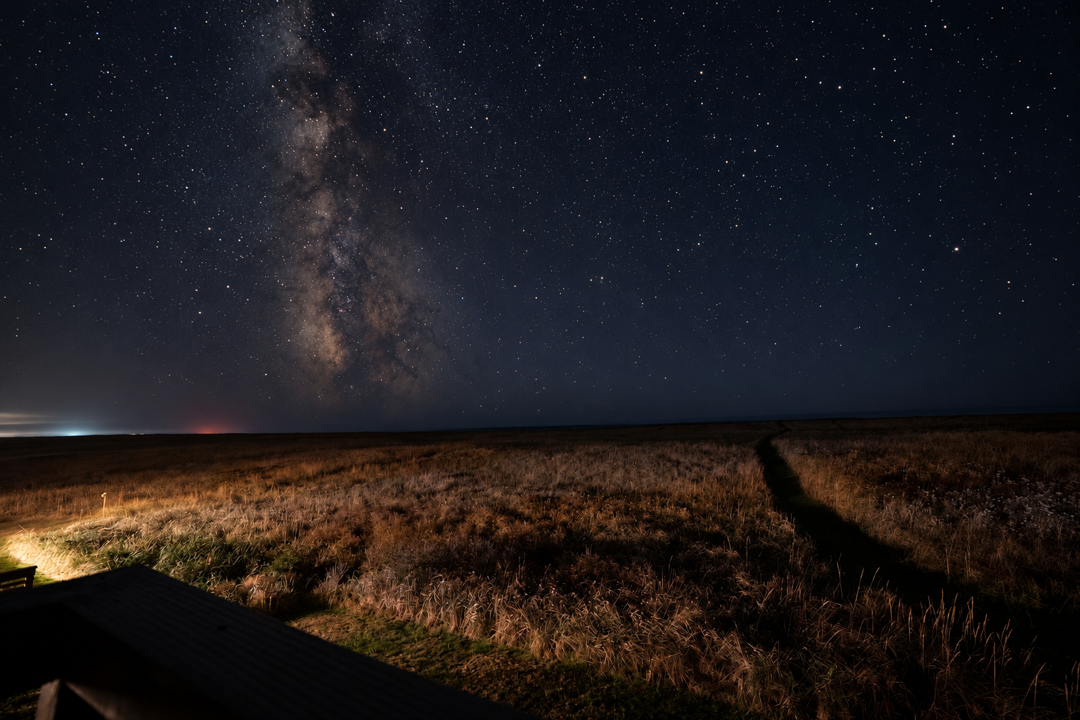 The Milky Way rising over a dark horizon and coastal grasses, with warm light in the foreground.